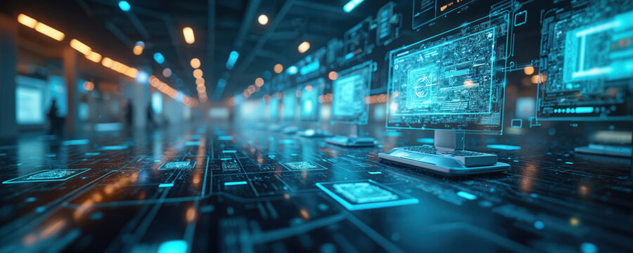 Digital network structure shows futuristic tech concept. Computing systems connect in web of data nodes. Abstract visualization of data flow across platforms. Network design shows interface of