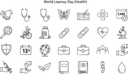 Naklejka premium World Leprosy Day Health Icons Set: Medical Symbols, Care, Diagnosis, Treatment, Stethoscope, Syringe, Butterfly Vector Line Art
