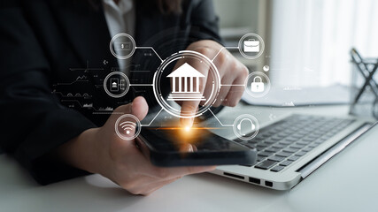 A concept of digital banking and online financial technology (FinTech) services. A central platform for secure transactions, support, and business finance. Motif