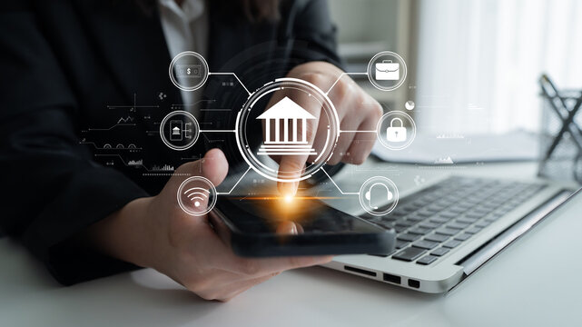 A concept of digital banking and online financial technology (FinTech) services. A central platform for secure transactions, support, and business finance. Motif - Powered by Adobe