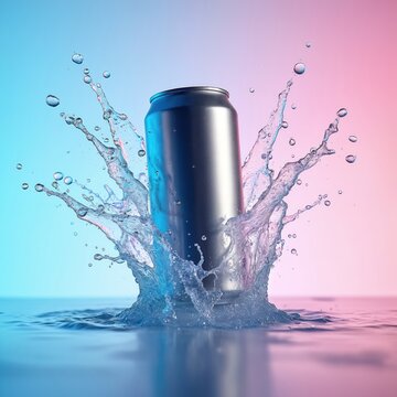 Silver soda explodes with water. Liquid splashes with high speed motion on gradient background. Refreshing drink concept idea. Beverage splash with crisp details. Cool freshness of summer drink in
