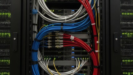 Close-up of colorful network cables and wires in a server rack with a complex cable