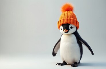 Fototapeta premium Cute penguin stands wearing bright orange beanie. Bird dressed in warm winter hat on plain background. Adorable animal looks stylish, creating funny cozy mood. Cartoon character with black plumage in