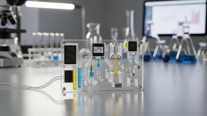 Close-up of a laboratory device with digital displays and tubes on a stainless steel table