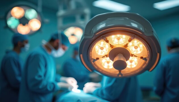 Medical team works in operating room under bright surgical lights. Surgeons in blue scrubs and masks perform a procedure. Focus on intense procedure with sterile equipment. - Powered by Adobe