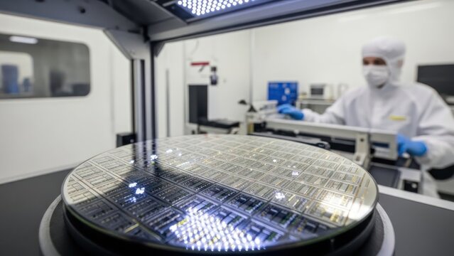 Technician in lab suit working with silicon wafer in a cleanroom with bright lighting and