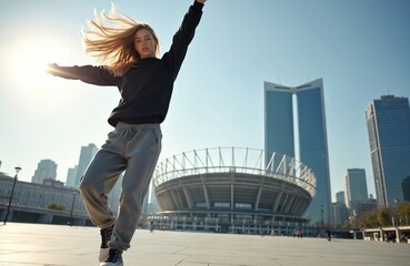 Blonde woman dances on city plaza. She wears casual sport clothes. Dynamic motion with background of modern architecture stadium and skyscrapers under clear sky.