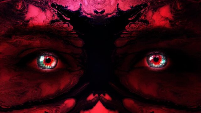 A mystic woman's face of red color close-up with colorful glowing eyes and patterns of dripping black paint on her face. Mysterious female gaze. Creative 4k time-lapse video.