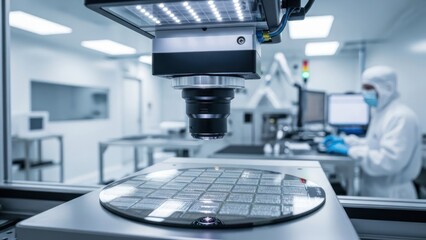 Close-up of a microscope inspecting a grid on a laboratory table with a technician in the