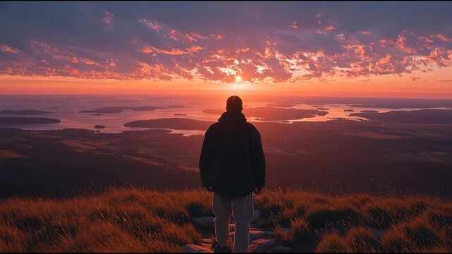 Contemplative Solitude: a lone figure stands at the precipice, enveloped by the majesty of a sunset sky, a tableau of reflection and introspective thought.