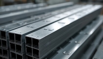 Close up photo of stacked metal profiles. Aluminium construction elements ready for industrial usage. Metallic rectangular shapes in production facility. Building material pieces for manufacturing.