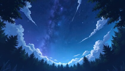 Naklejka premium Night scene features starry sky with clouds. Fir forest below. Shooting star among space objects. Great background for cosmic sci-fi theme. Space wallpaper with pine silhouettes. Celestial