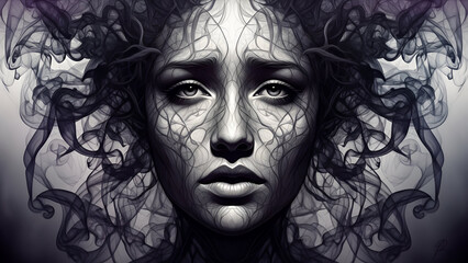 Monochrome portrait of woman's face framed by ethereal smoke patterns art