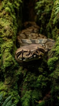 Dangerous Python Snake Coiled in Dark Mossy Tree Hollow Vertical