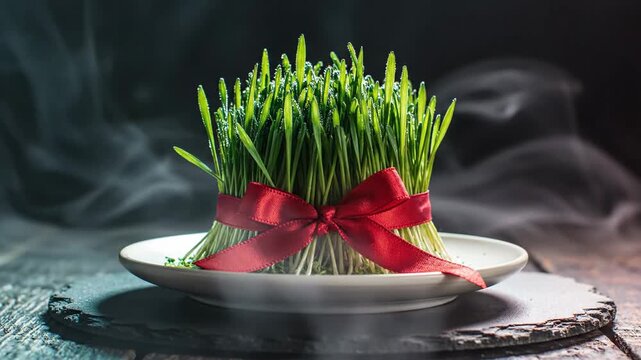 Sprouted wheat grass on plate with red ribbon.