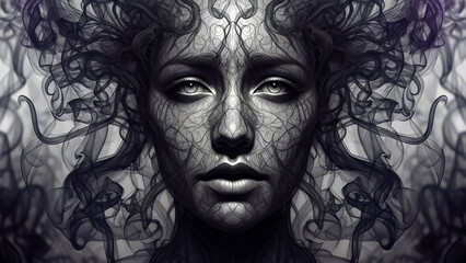 Surreal portrait of woman with ethereal smoke and intricate facial patterns