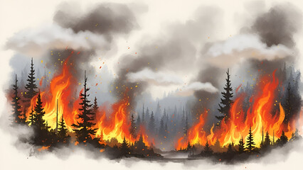 Watercolor Illustration of a Forest Fire with Smoke and Flames and Natural Disaster
