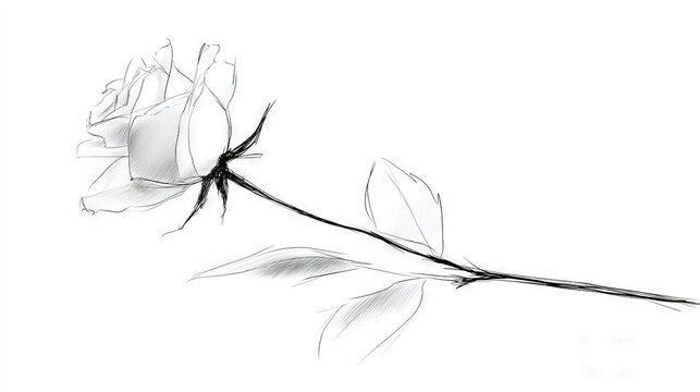 Sketch of a White Rose with Leaves on a Thin Stem