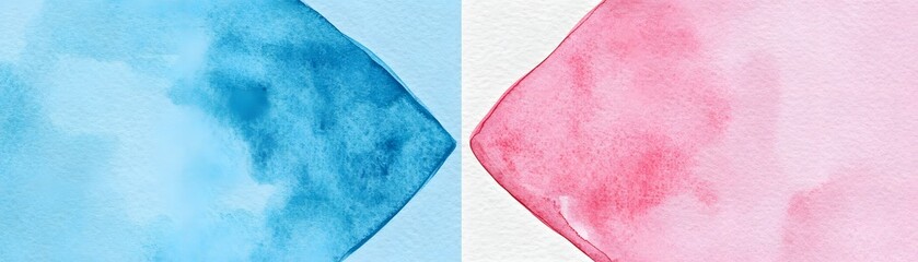 Symmetrical watercolor wash shapes feature contrasting bright blue and soft pink hues