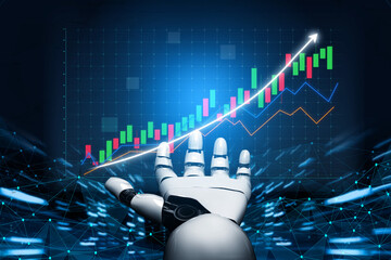 A striking image showcasing a robotic hand reaching towards a dynamic stock market chart, symbolizing innovation in finance and technology with a blue digital background. Impute