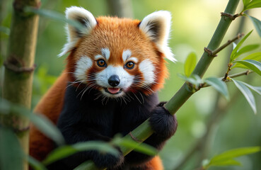 Red panda sits on green bamboo stalk, tongue out. Small mammal with fluffy orange and black fur climbs on tree branch in forest habitat. Cute animal looks curious.