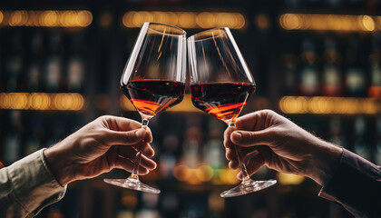 Close-up of two Western adult hands holding elegant red wine glasses before a toast in a cozy wine bar, warm ambient lighting, romantic evening atmosphere, celebration and social connection concept