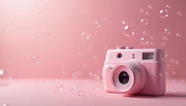 Pink camera floats with bubbles on pink backdrop. Soft light and minimalist aesthetic create dreamy mood. Ideal for beauty or fashion content.