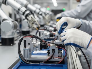 Close-up of hands assembling a robotic arm on a manufacturing line, for automation, industrial robotics, and smart factory technology topics.