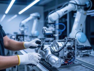 Close-up of hands assembling a robotic arm on a manufacturing line, for automation, industrial robotics, and smart factory technology topics.