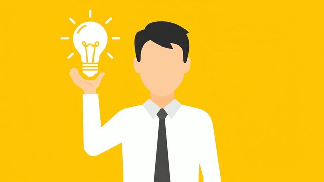 Professional businessman holding a lightbulb representing a brilliant new idea, solution, or business innovation. Flat design vector illustration on a bright yellow background.