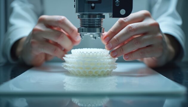 Hands adjust 3D printer creating complex white prototype. Precision engineering students work on mechanical design. Tech innovation, rapid prototyping, stem education in lab.