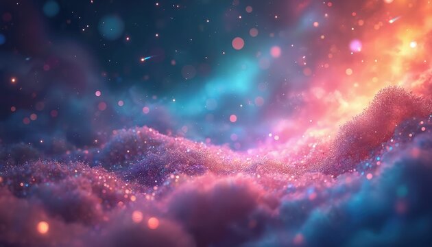 Vibrant cosmic cloudscape with glittering stars, luminous bokeh lights. Soft pink, blue, purple gradient nebula background offers ethereal fantasy vibe. Abstract art for magic events, creative tech