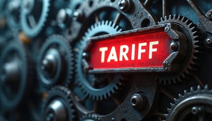 Mechanical gears with red sign display tariff. System includes cogwheels, gears, metal parts. Presents business, import, export, policy, regulation, commerce themes. Concept of financial agreements.