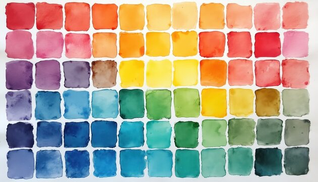 Watercolor swatches form rainbow palette. Square gradient color spectrum from red to violet. Colorful artistic background for design projects. Paint texture. Good for commercial, editorial usage.