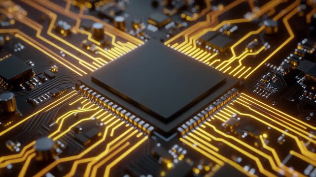 Microchip closeup with glowing circuit paths and high detail texture