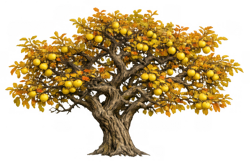 Apple tree with yellow autumn fruit and golden leaves on gnarled trunk, presenting seasonal harvest and bountiful nature