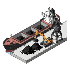 Naklejka premium Isometric illustration of a bulk carrier ship being loaded with coal by an excavator at a port.