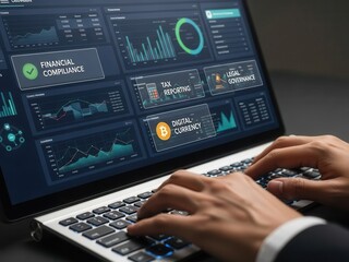 Close-up of hands typing analyzing financial data representing financial compliance tax reporting digital currency and legal governance