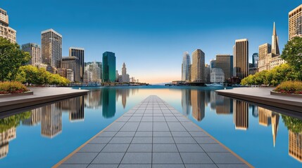 Naklejka premium Scenic Urban Landscape Overlooking a Serene Waterfront with City Buildings and Clear Blue Skies at Sunrise