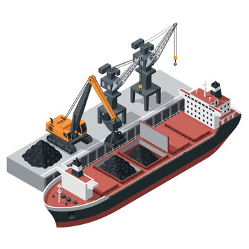 Isometric view of a cargo ship being loaded with coal at a port terminal.