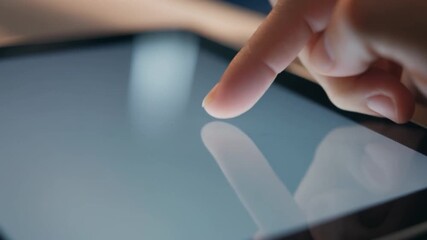 Close up hand tapping on blank tablet screen showing finger detail and clean modern lighting - Powered by Adobe
