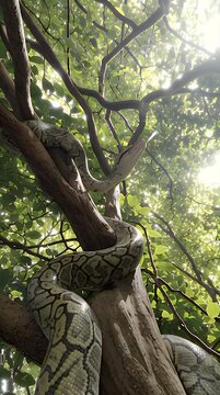 Giant Python Coiled on Jungle Tree Under Sunbeams Vertical Video