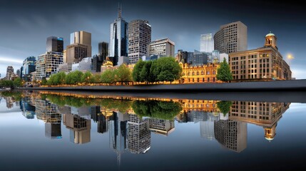 Naklejka premium Stunning Cityscape of Melbourne at Dusk with Reflections on the Yarra River Showcasing Modern Architecture and Urban Beauty in Vibrant Colors