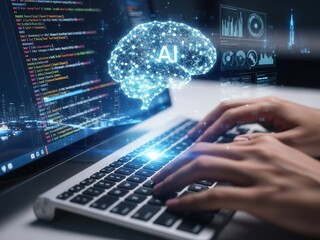 Close-up of hands typing code next to a virtual AI brain icon, symbolizing machine learning development and artificial intelligence programming for future tech solutions.