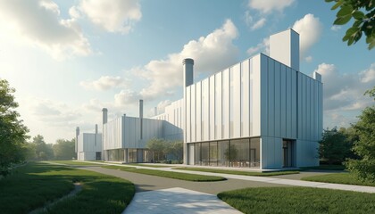 Modern waste-to-energy plant with green area around. Contemporary buildings with chimneys recycle waste. Advanced power generation tech processes. Environmentally friendly sustainable infrastructure