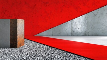 Contemporary Art Space with Bold Red Accents and Textured Surfaces Showcasing Modern Design Elements in Abstract Form