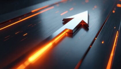 3D render of metallic arrow pointing upward on dark surface. Glowing orange lines and sparks move forward with the arrow. Represents progress, growth, and forward momentum in business and tech.