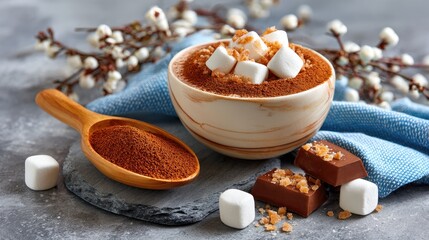 Delicious hot chocolate preparation with cocoa powder, sweet marshmallows and chocolate bar on a rustic table with decorative elements
