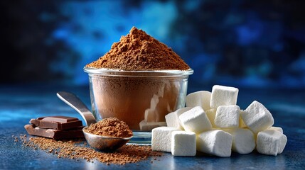 Rich cocoa powder in glass jar complemented by dark chocolate squares and scattered sugar cubes against a blurred blue background for culinary inspiration