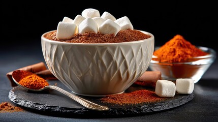 Bowl of Sweet Marshmallows on Top of Chocolate Powder Surrounded by Cinnamon Sticks and Spice Powder on Dark Slate Background